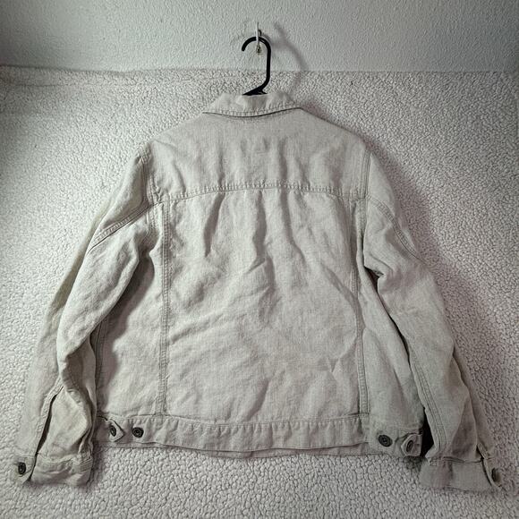 Eddie Bauer Jacket Women XL Safari Beige 100% Linen Button Up Trucker Pockets - Picture 2 of 9